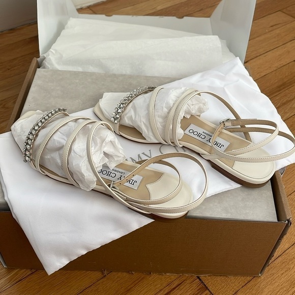 NWT JIMMY CHOO Maesie Embellished Leather Sandals Cream Ecru White Crystal - 5 - Picture 8 of 14